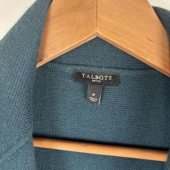 Talbots Green Open Front Knit Wool Blend Cardigan Blazer Sweater Pockets Petite - Picture 3 of 5